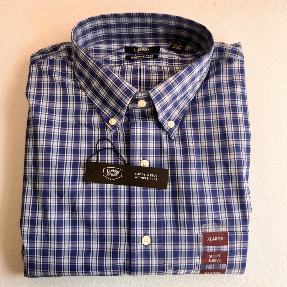 Berkley Jensen Dress Shirt XL Blue White Plaid Cotton Blend Short Sleeve 77032